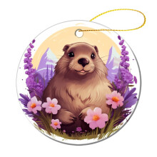 Marmot Christmas Ornament Purple Floral Ceramic 3 Inch