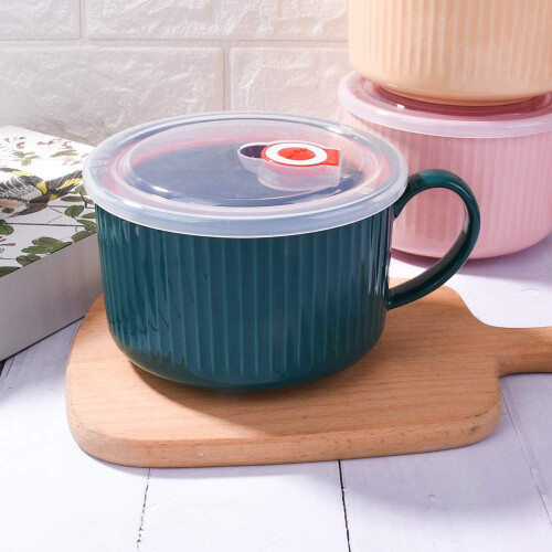 Microwavable Ceramic Soup Bowl with Handle and Lid 30.4 oz 1