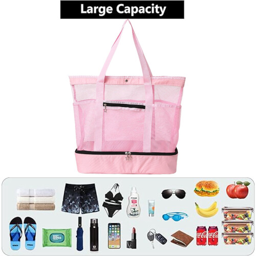 Mesh Beach Bag with Cooler Pink Large Tote 1