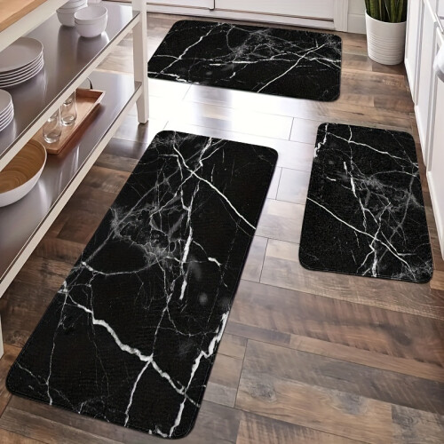 Kitchen Mats Black Marble Non-Slip 3-Pack