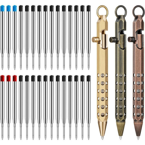 3Pack Bolt Action Pen Set, Hexagonal Solid Brass Pocket Pen with 30 Ballpoint Refills A