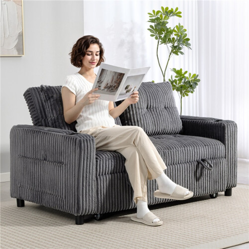 2 Seater Click Clack Sofa Bed with Pull Out Design, Corduroy Upholstery - Charcoal Grey 2
