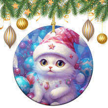 White Cartoon Cat Christmas Ornament Ceramic 1pc