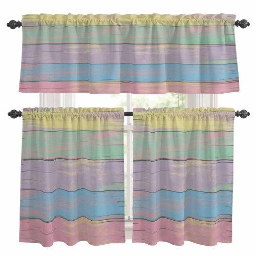 Wood Striped Kitchen Curtains and Valances Set Pink Blue