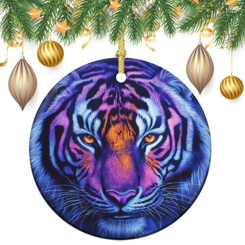 Purple Tiger Face Ceramic Christmas Ornament