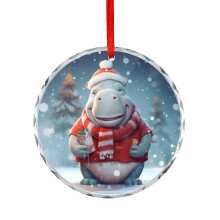 Crystal Glass Hippo Ornament with Santa Hat and Snow Design