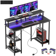LED Computer Desk, with Power Outlets and Shelves - Carbon Fibre Grey
