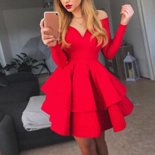 Women's Solid Red Long Sleeve Evening Dress with Deep