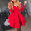 Women's Solid Red Long Sleeve Evening Dress with Deep 1