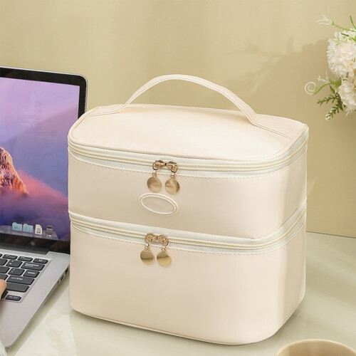 Double Layer Leather Cosmetic Bag with Handle and Removable