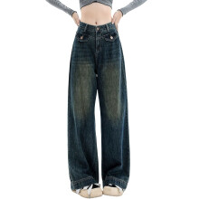 Women's Straight Leg High Waisted Dark Blue Denim Jeans