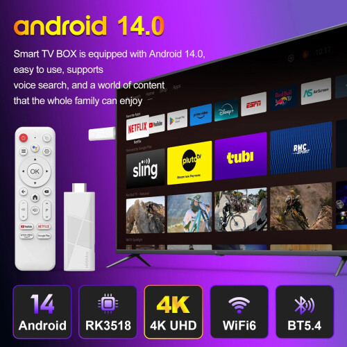 2025 4K H96 MAX RK3518 Android 14.0 AI Smart TV Stick Google Amazon Prime Fire 2