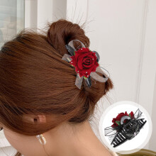 Dark Red Rose Hair Clip with Lace Bow for Thick Hair