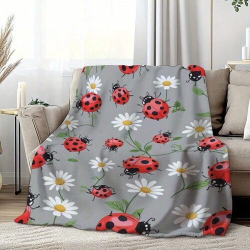 Ladybug Flannel Throw Blanket Gray Red Green 50x60in 1