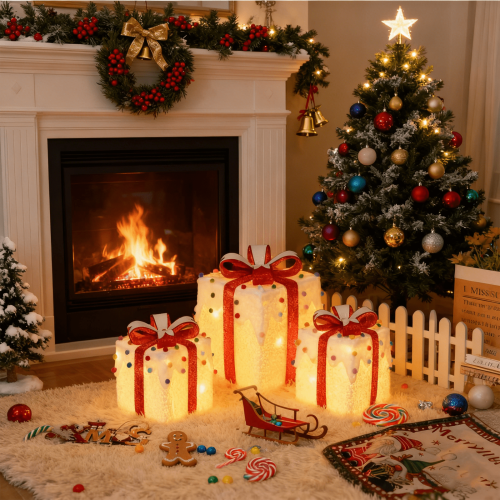Lighted Christmas Gift Box White Snow Design 3-Pack 2