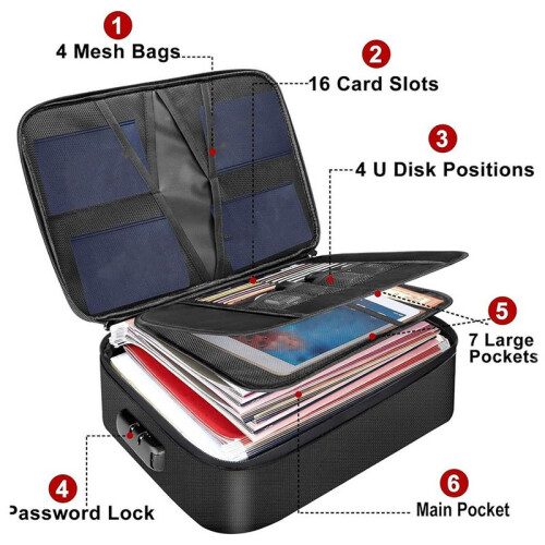 Fireproof Waterproof Document Bag with Lock,Portable Waterproof Document Organizer for Important File Travel Storage Box 2