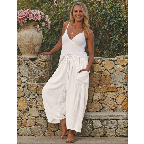 Women's Linen Wide Leg Pants Casual Loose Drawstring 1