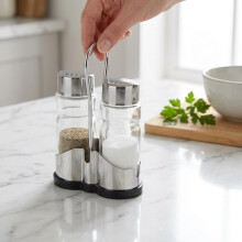 Salt and Pepper Shakers Set with Metal Holder Glass Bottles Compact 12cm Height Kitchen Seasoning