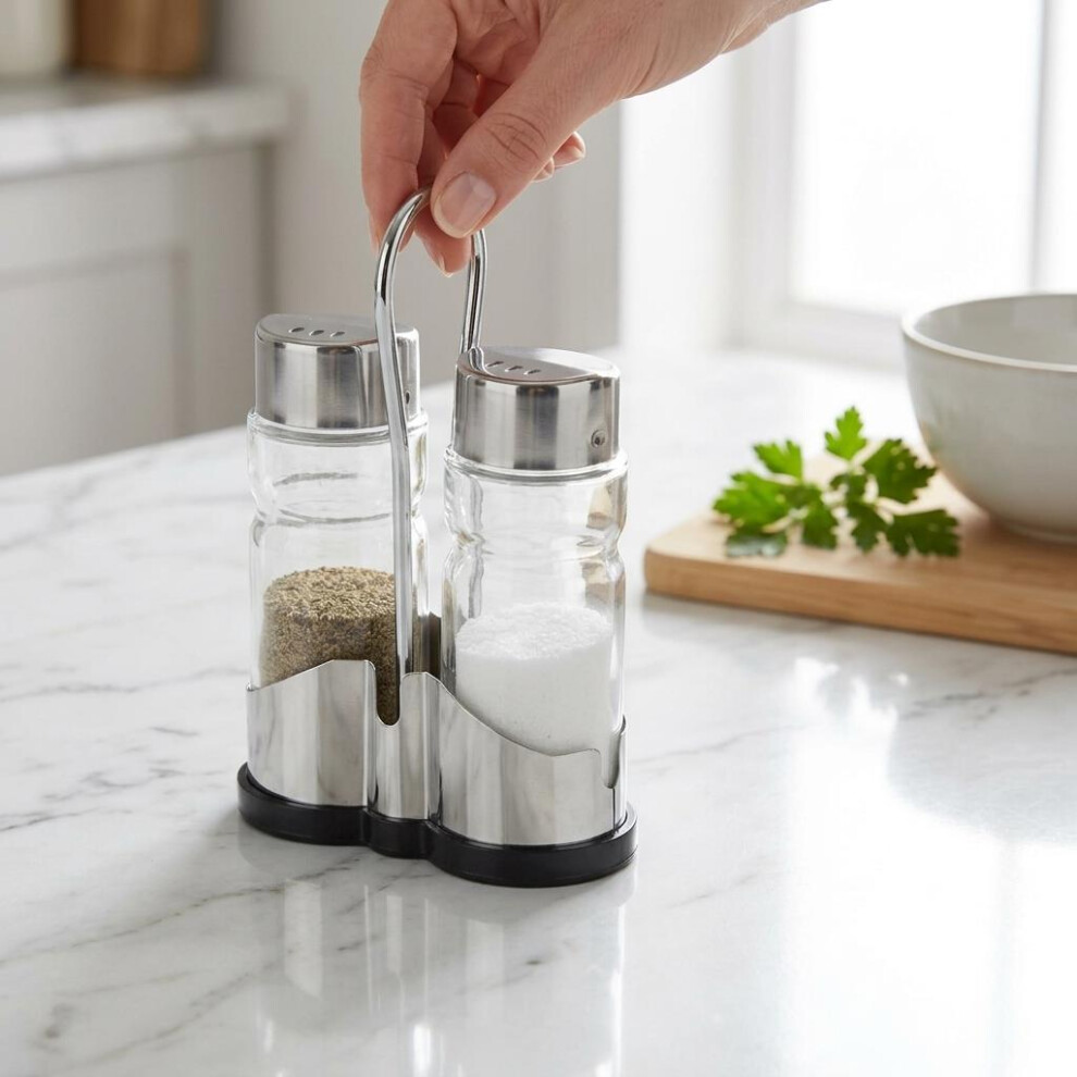 Salt & Pepper Shakers Set 30ml Glass with Stainless Steel Lids & Metal Stand - Image 3