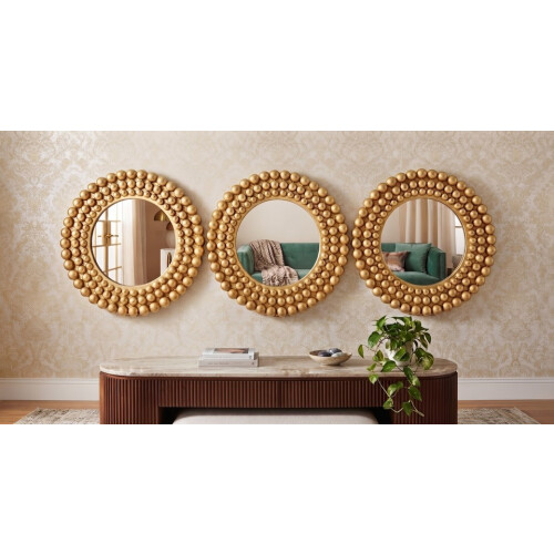 3 Gold Round Beaded Wall Mount Mirror Plastic 25Cm
