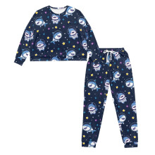 Shark Print Drawstring Pajama Set for Women Long Sleeve Top