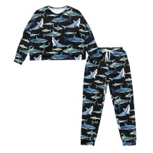 Women's Shark Print Pajama Set Long Sleeve Crewneck with