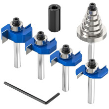 4 Pc Rabbet Router Bit Set, 1/4" Shank, 6 Bearings: 1/16", 3/16", 1/4", 5/16", 3/8", 7/16", with 1/2"-1/4" Collet
