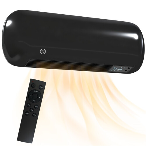 2000W Ceramic Electric Heater with Fan, Adjustable Thermostat, Wall Mounted - Black