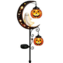 Lumière de Jardin en Métal LED en Forme de Citrouille Halloween Solaire Moon Étanche pour Chemin, Patio, Pelouse