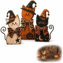 Ensemble de Décor Vintage de Chat Sorcière D'Halloween, Figurine Ornementale Centre de Table Cadeau Saisonnier de Récolte D'Automne pour Fête