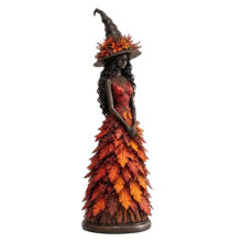 Figurine de Sorcière Enchantée D'Automne, Statue en Résine avec Robe en Feuilles D'Automne pour Décoration de Manteau à la Maison Safran