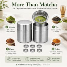 Ensemble de 2 Tamis à Poudre de Matcha et Boîte de Rangement, Canisters en Acier Inoxydable pour Matcha Latte, Cuisine
