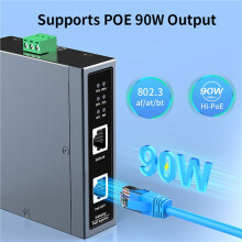 2X Injecteur PoE Industriel 10G 90 W, Rail DIN IEEE 802.3 AF/AT/BT, Plug-And- 48-55 V, pour Caméra PoE, Application Sans Fil.