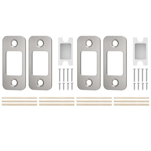2 Sets Deadbolt Strike Plate 1"X2-1/4" Round Corner - 4 Plates + 2 Dust Boxes, Brushed Silver Door Backplate
