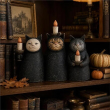 3-Piece Mysterious Hooded Cat Candlelight Figurine - Halloween Decor 2D Wooden