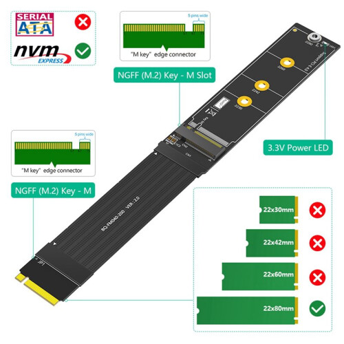 2X Upgrade Version 180 Degree NGFF M.2 M-Key NVME SSD Extension Cable(Length:20cm)