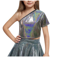 Girls One-Shoulder Short-Sleeve Sequin Crop Top
