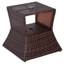 Rattan Outdoor Coffee Table, Wicker Garden Patio Bistro Side Table with Umbrella Hole and Storage Space for Balcony, Porch, Brown