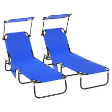 Set of Two Folding Sun Loungers, with Adjustable Backs and Sun Canopies - Blue