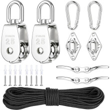 M25 Stainless Steel Pulley System Kit,Pulley Block Nylon Rope Eye Pad Plate and Hooks for Sun Shade Sail, Clothesline