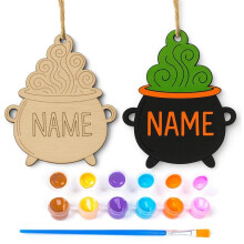 Personalized Halloween DIY Paint Kit Unfinished Wood Witch Cauldron Ornament with 6 Acrylic Paints Brush C
