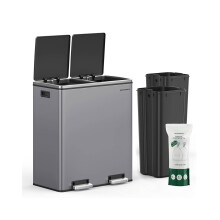 Dual Compartment Rubbish Bin - Plastic - Slate Grey - Soft Close, 2 x 30 L with Pedals and 15 Bin Bags