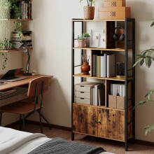 Large Bookcase - Wood - Camel Brown and Ink Black - With Doors and Tall Legs