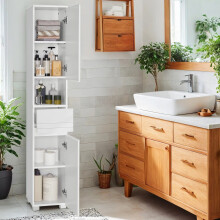 Tall Bathroom Storage Cabinet - Wood - White - Slim Design with Adjustable Shelves and Drawer