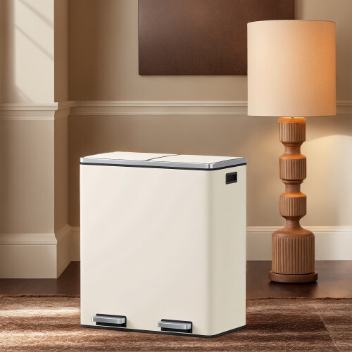 Recycling Bin - Plastic - Cream - 60L 2-Compartment with Soft-Close Lids