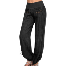 Women's Cotton-Linen Wide Leg Pants High Waist Black S-5XL