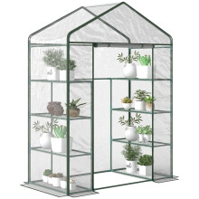 Walk in Greenhouse with 4-Tier 8 Shelves, Green House with Hemmed Cover, Roll-up Zipped Door, Steel Frame, 143 x 73 x 195cm