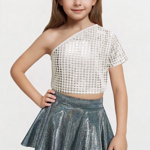 Girls One-Shoulder Short-Sleeve Sequin Crop Top 1