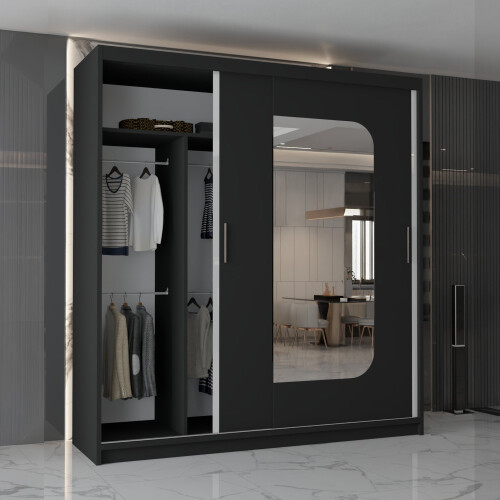 MN Furniture (Black, 203cm)  Sliding Door Wardrobe with Mirror 2