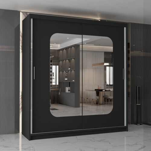 MN Furniture (Black, 203cm)  Sliding Door Wardrobe with Mirror